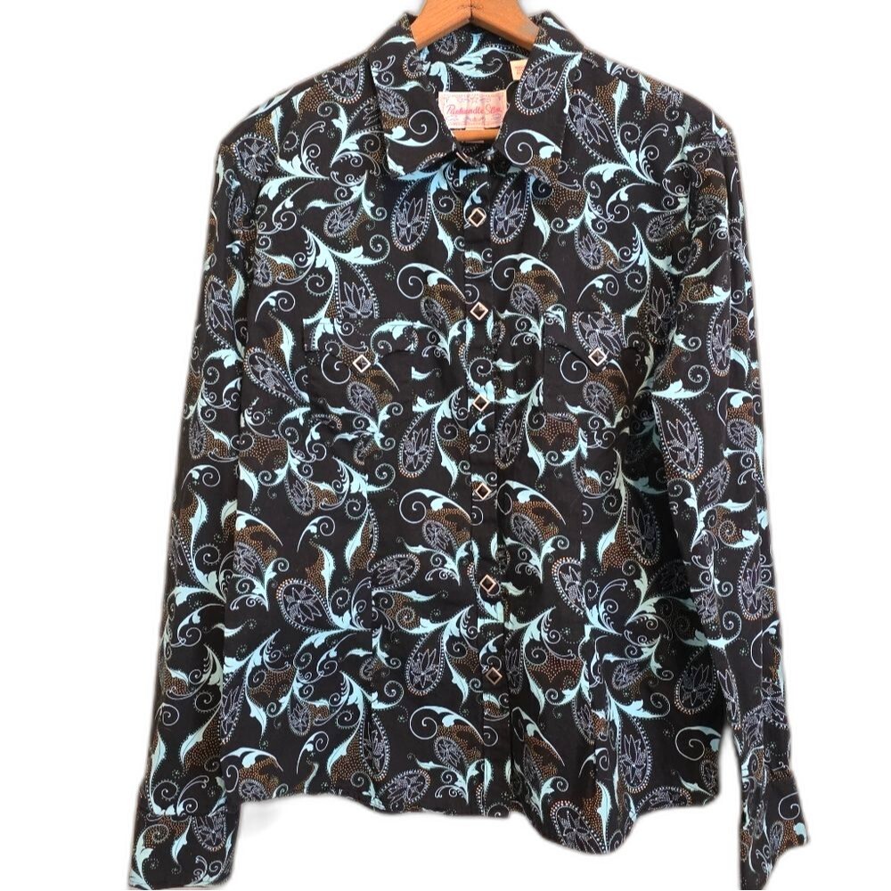 Vintage Panhandle Slim Western Shirt Paisley Blue Diamond Snaps Girl's Large